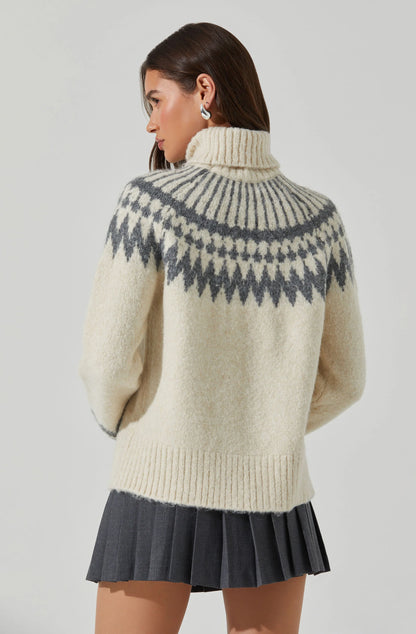 ASTR - Leka Fair Isle Turtleneck Sweater - Cream Grey