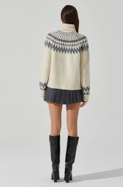 ASTR - Leka Fair Isle Turtleneck Sweater - Cream Grey