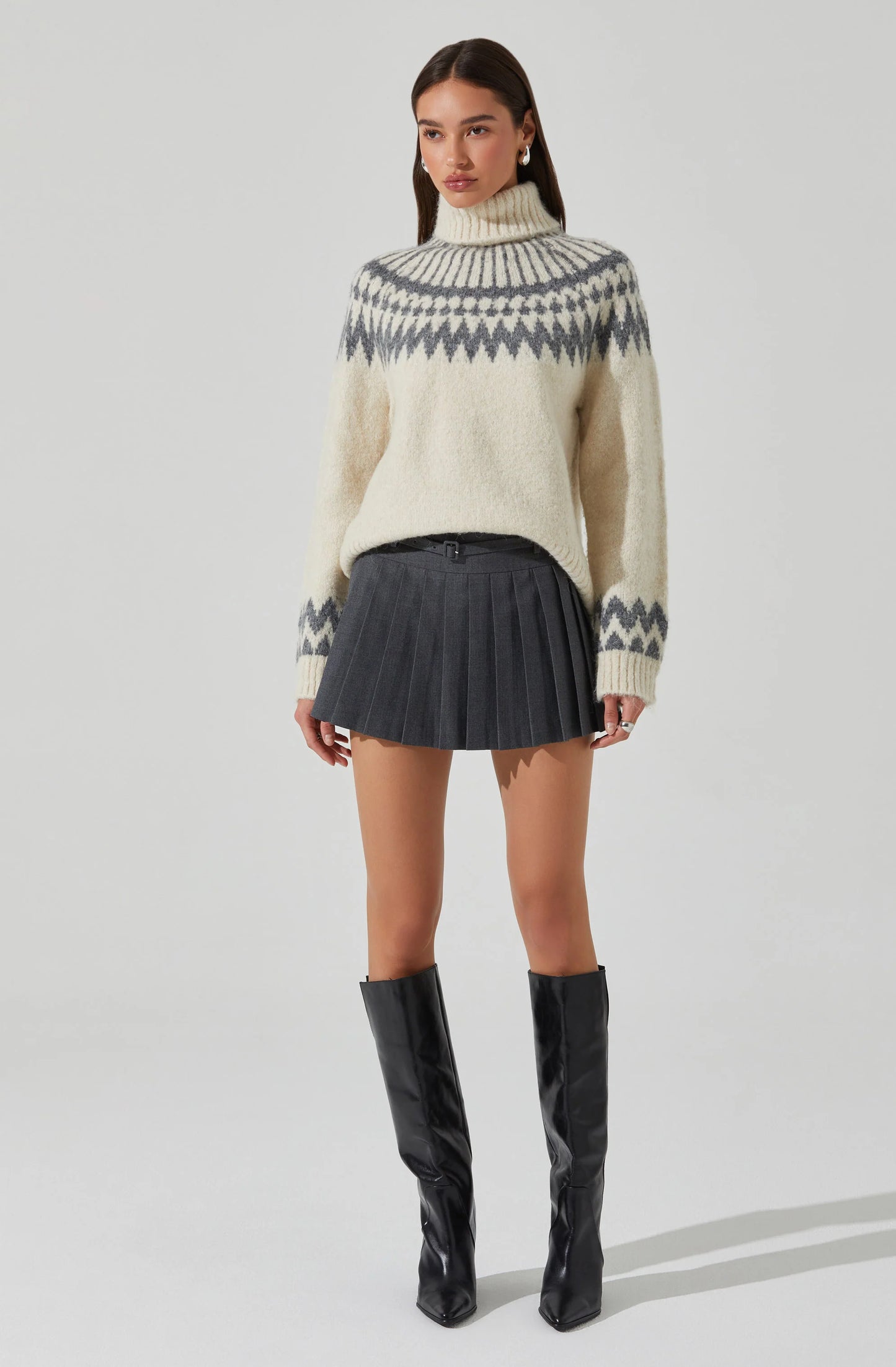 ASTR - Leka Fair Isle Turtleneck Sweater - Cream Grey