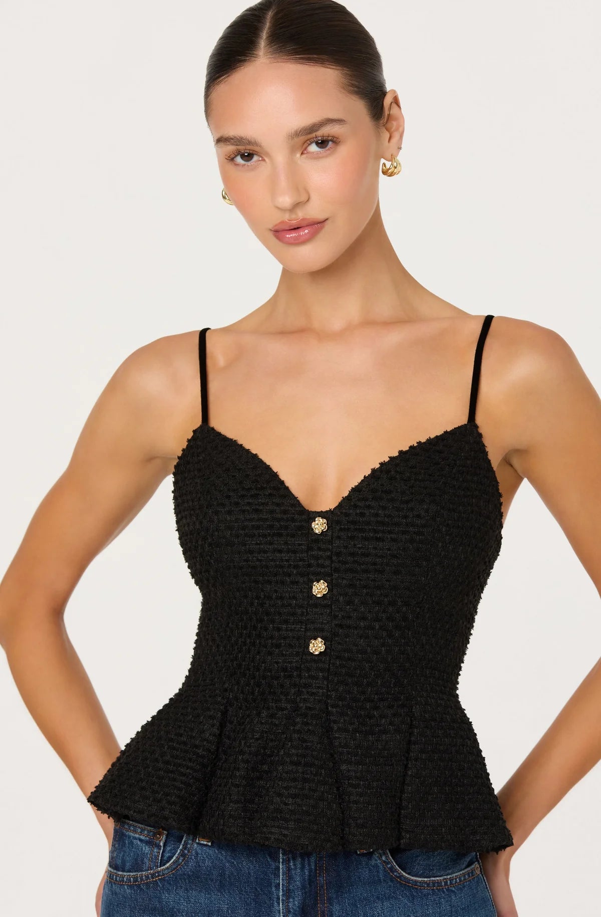 Paislee Tweed Sweetheart Peplum Top - Black