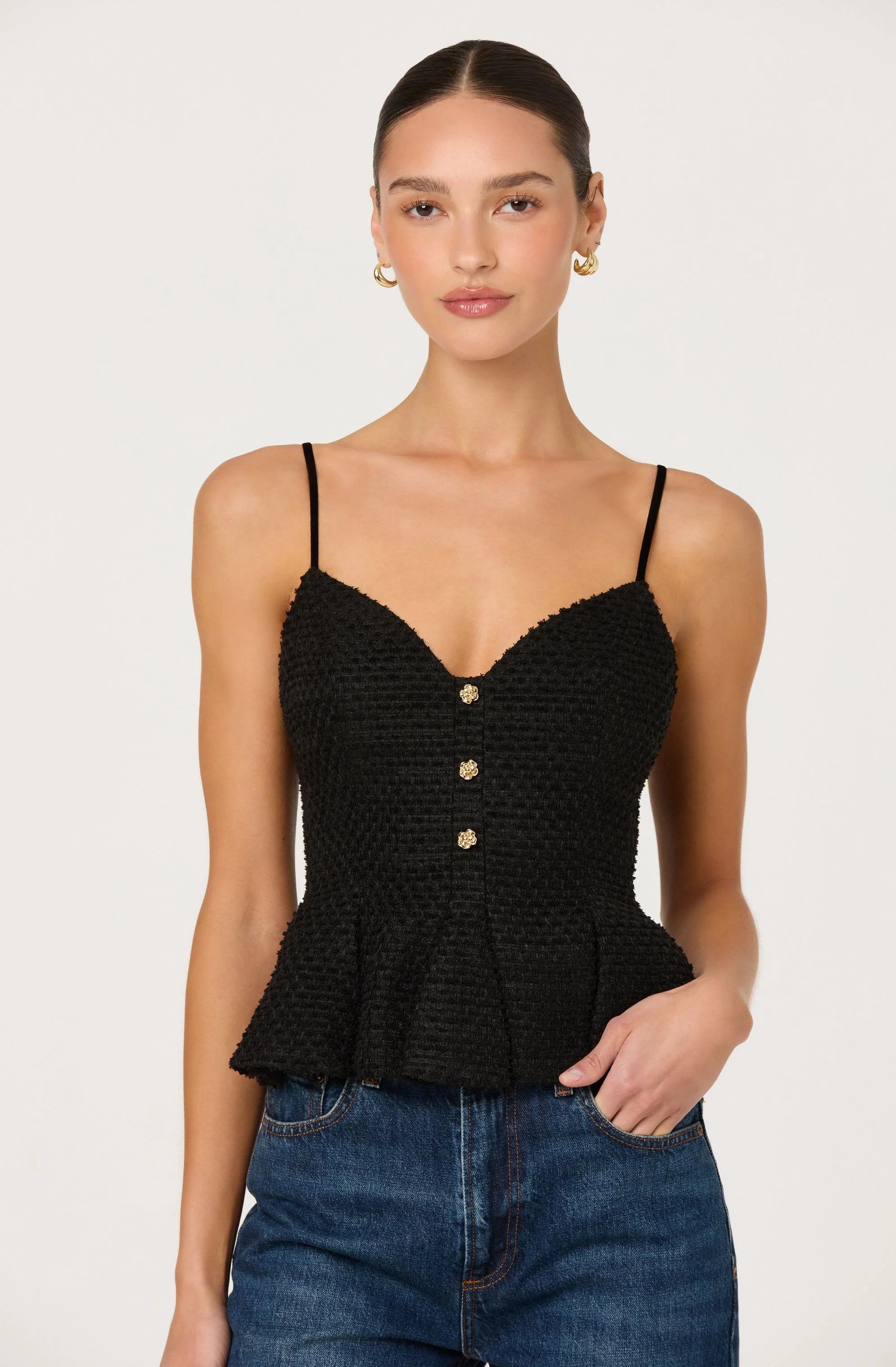 Paislee Tweed Sweetheart Peplum Top - Black