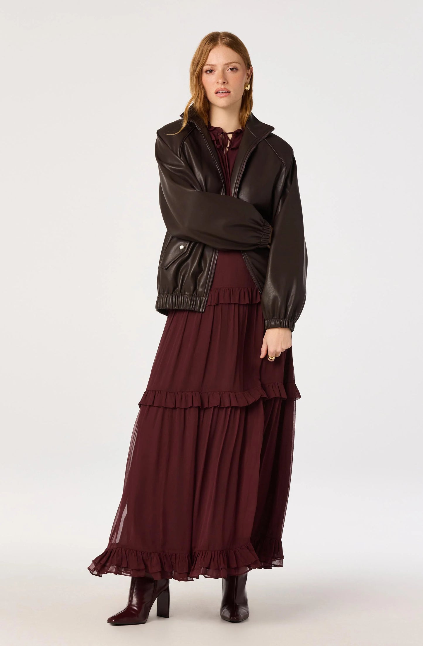 Estero Faux Leather Bomber Jacket - Brown