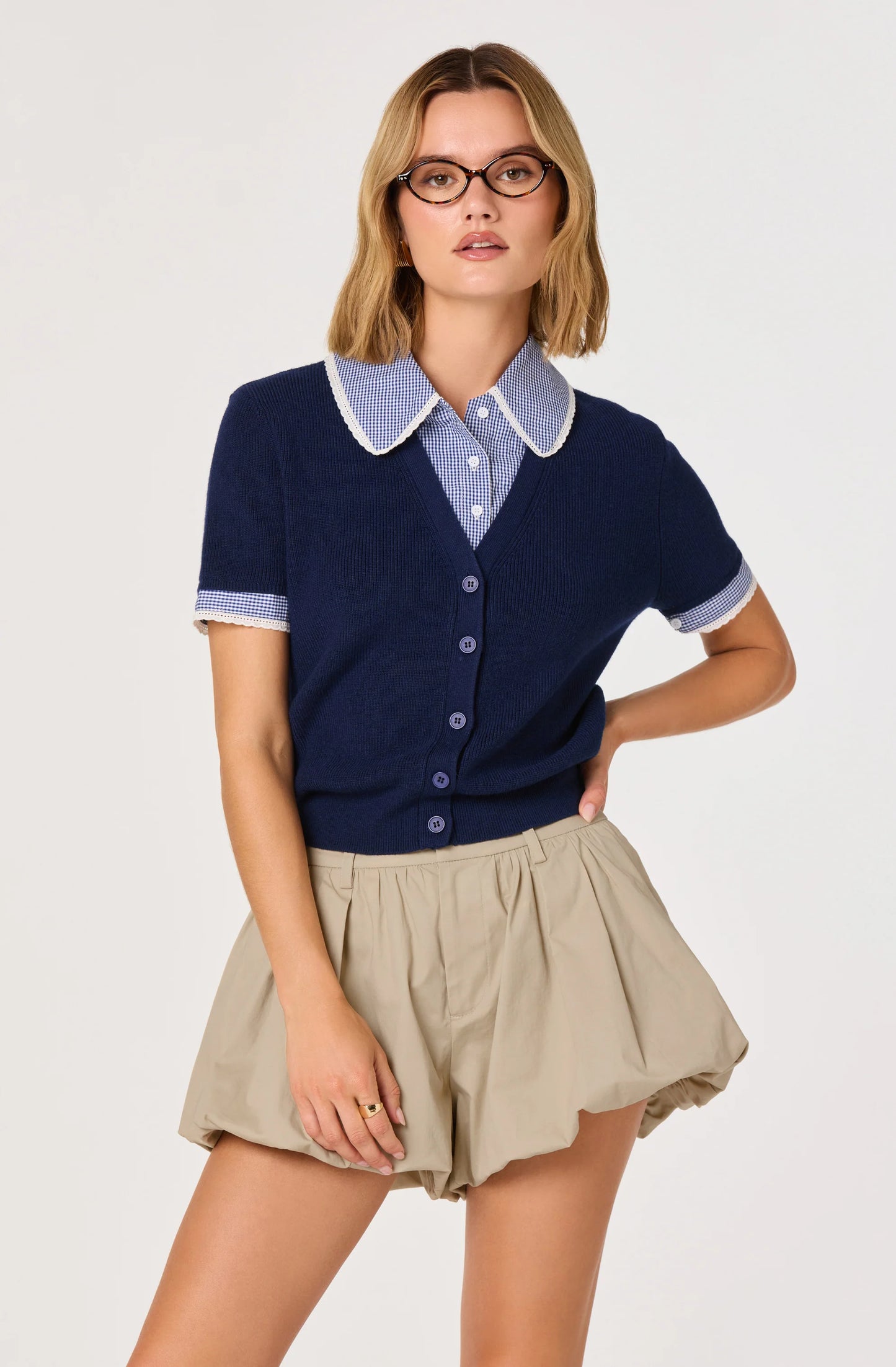 Marlee Mixed Media Cardigan with Gingham Collar - Navy Plaid - Spinout