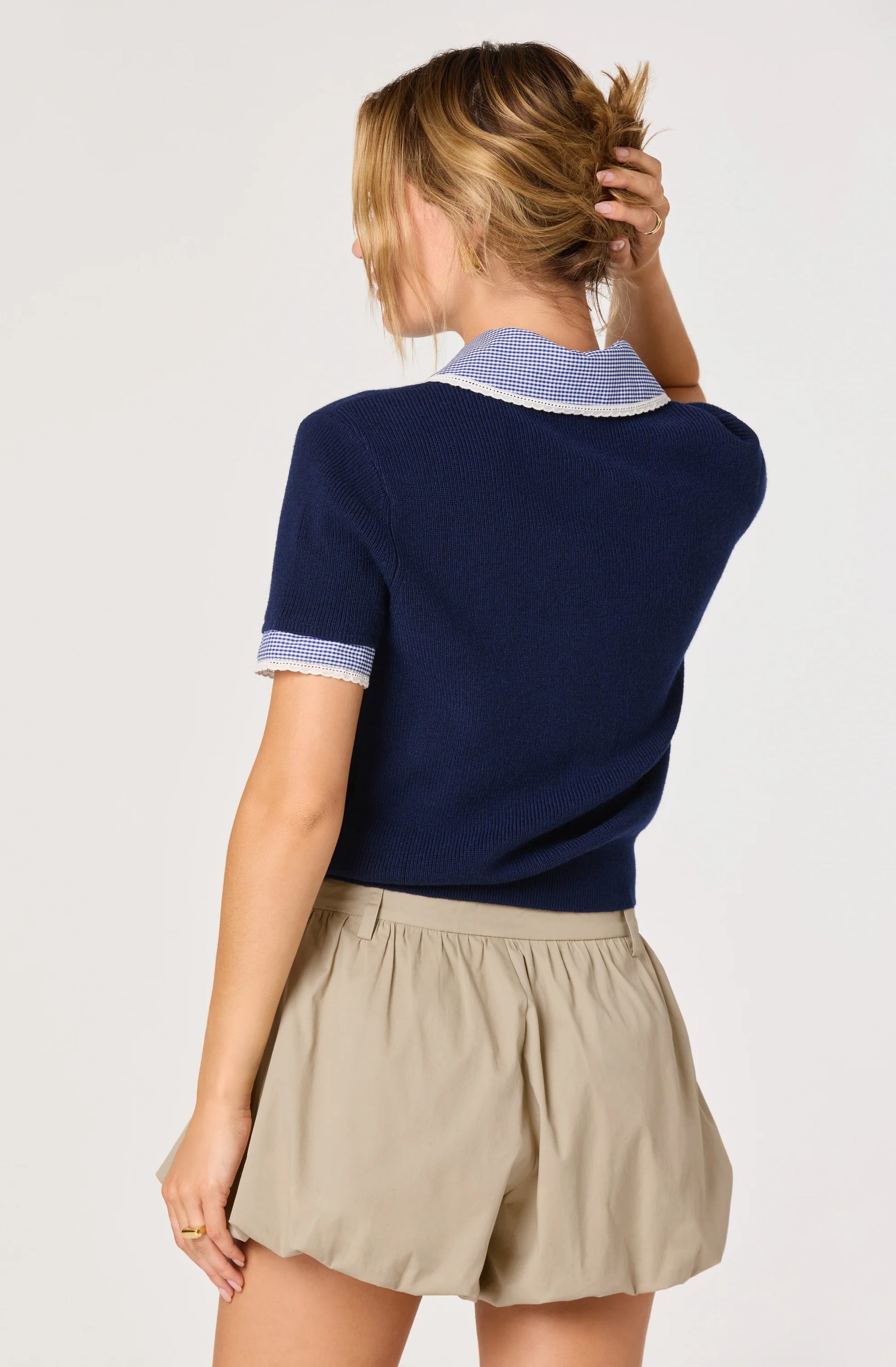Marlee Mixed Media Cardigan with Gingham Collar - Navy Plaid - Spinout