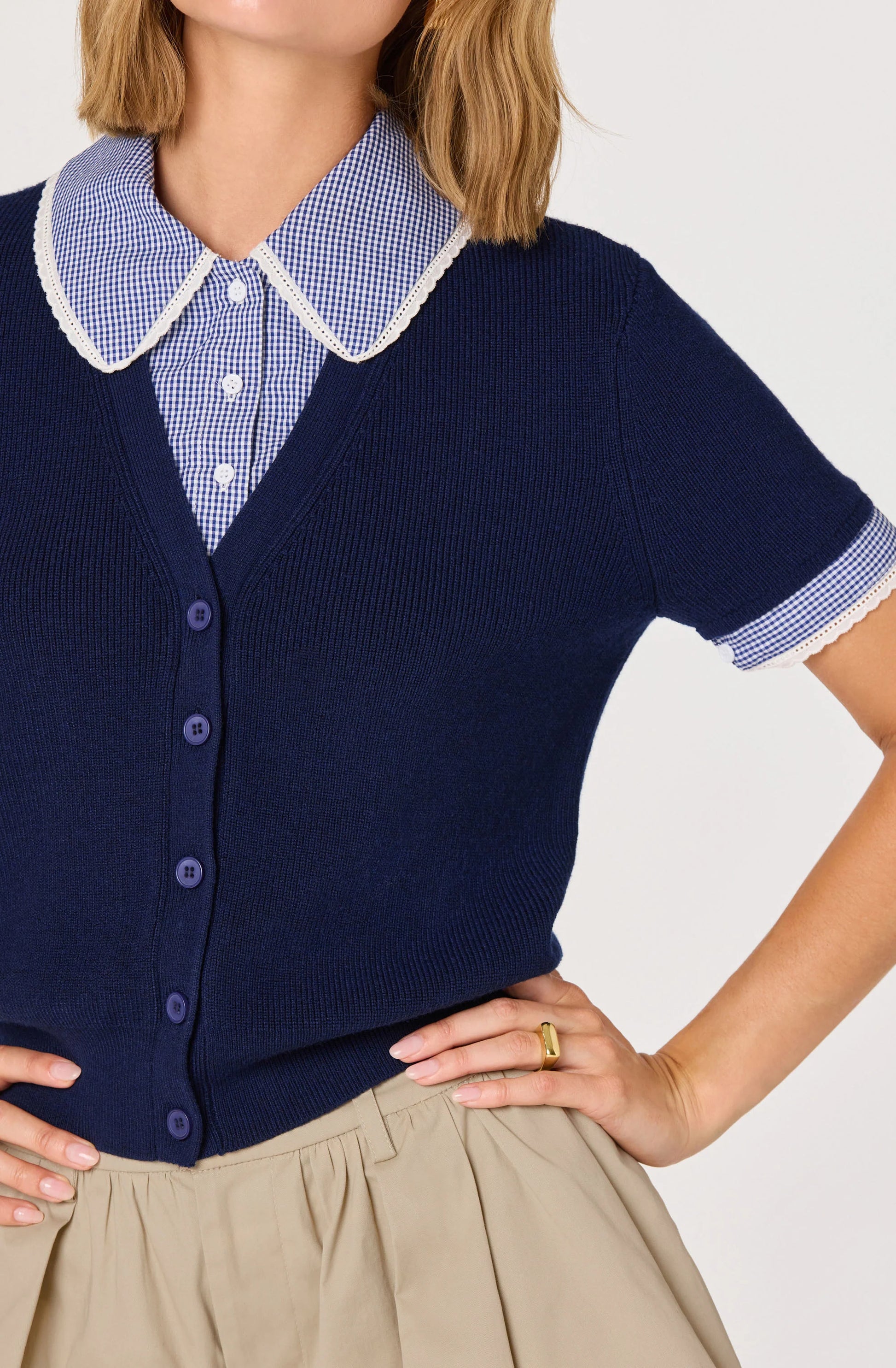 Marlee Mixed Media Cardigan with Gingham Collar - Navy Plaid - Spinout