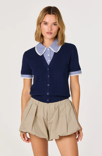 Marlee Mixed Media Cardigan with Gingham Collar - Navy Plaid - Spinout