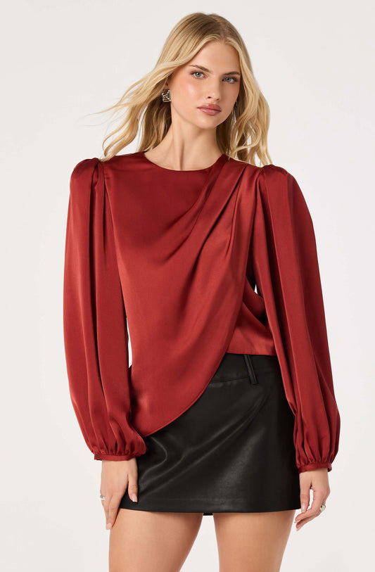 Beatrice Satin Faux-Wrap Blouse in Scarlet