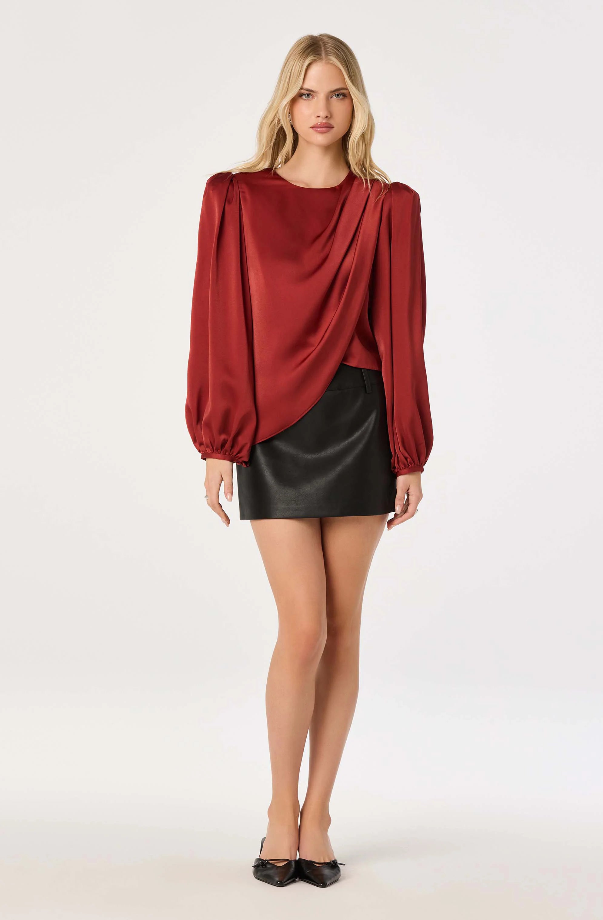 Beatrice Satin Faux-Wrap Blouse in Scarlet