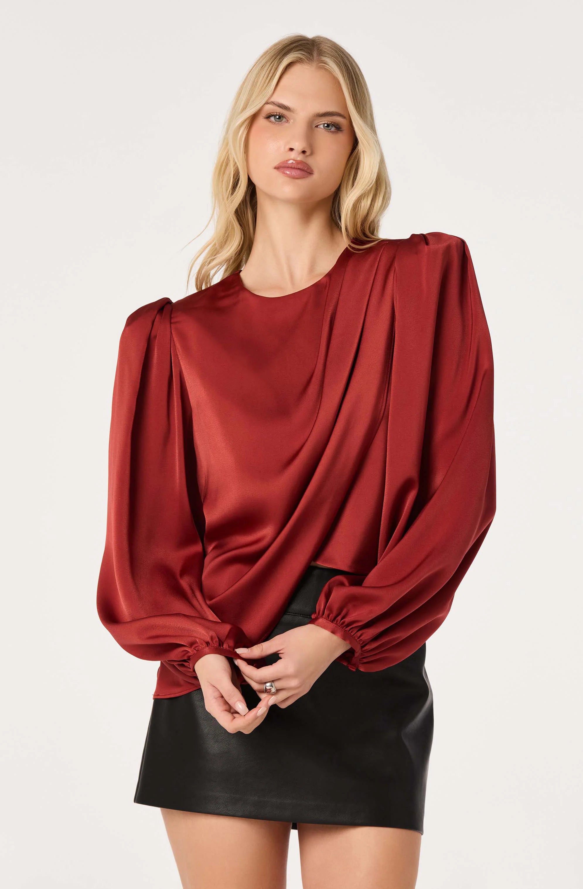 Beatrice Satin Faux-Wrap Blouse in Scarlet