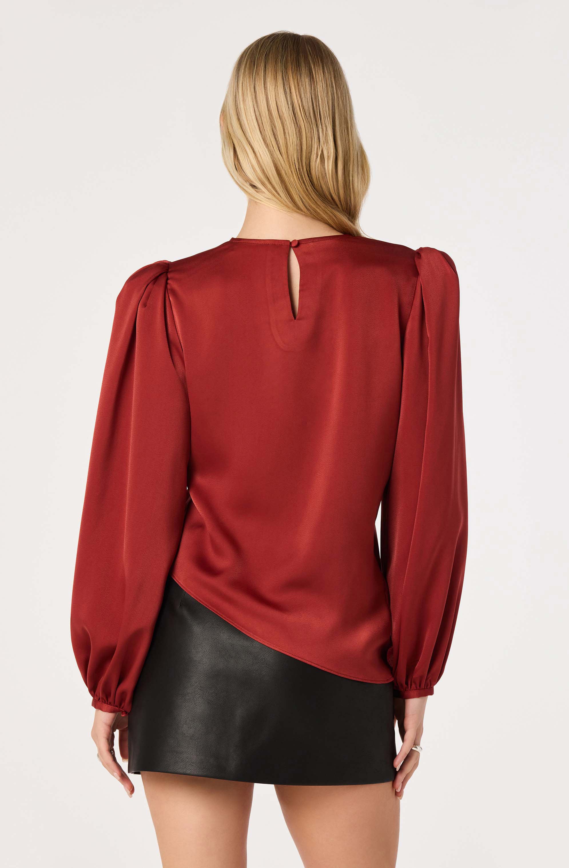 Beatrice Satin Faux-Wrap Blouse in Scarlet