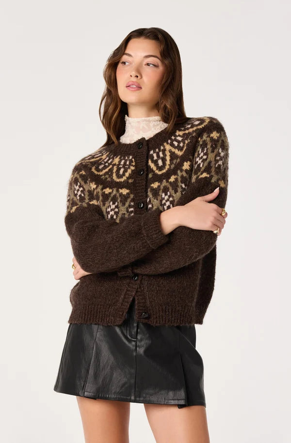 Irene Fair Isle Oversized Cardigan - Brown