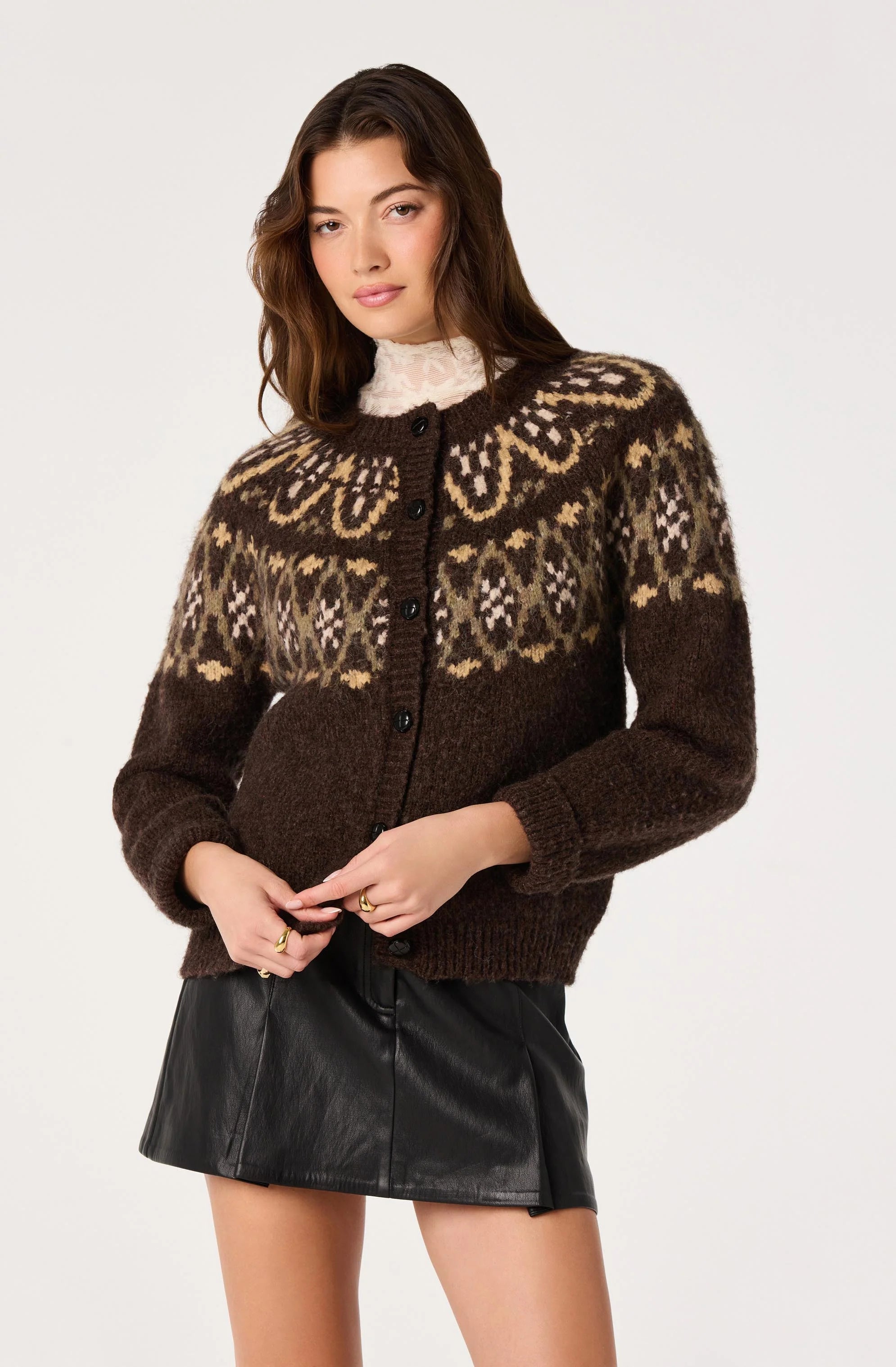 Irene Fair Isle Oversized Cardigan in Brown
