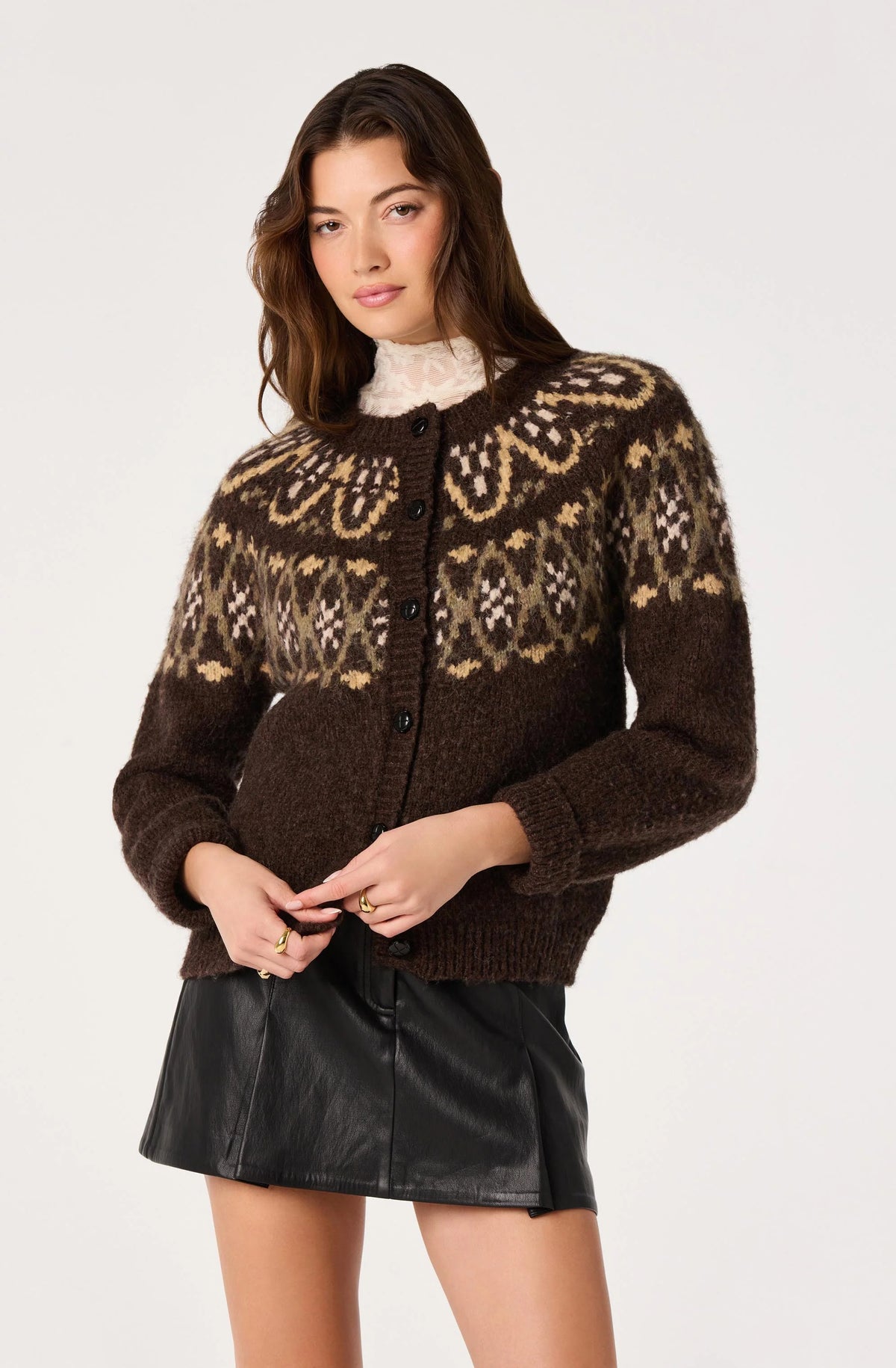 Irene Fair Isle Oversized Cardigan - Brown