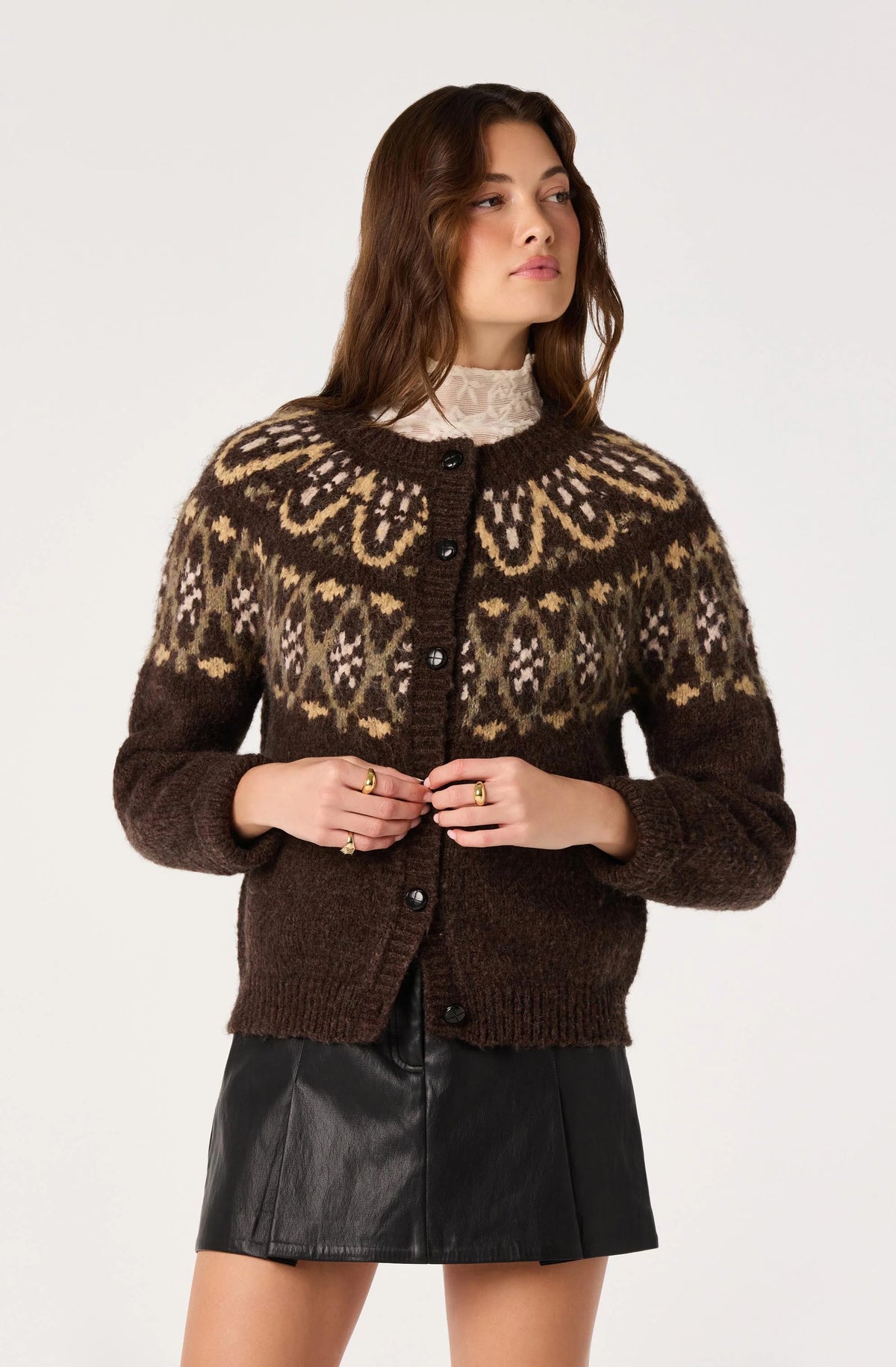 Irene Fair Isle Oversized Cardigan - Brown