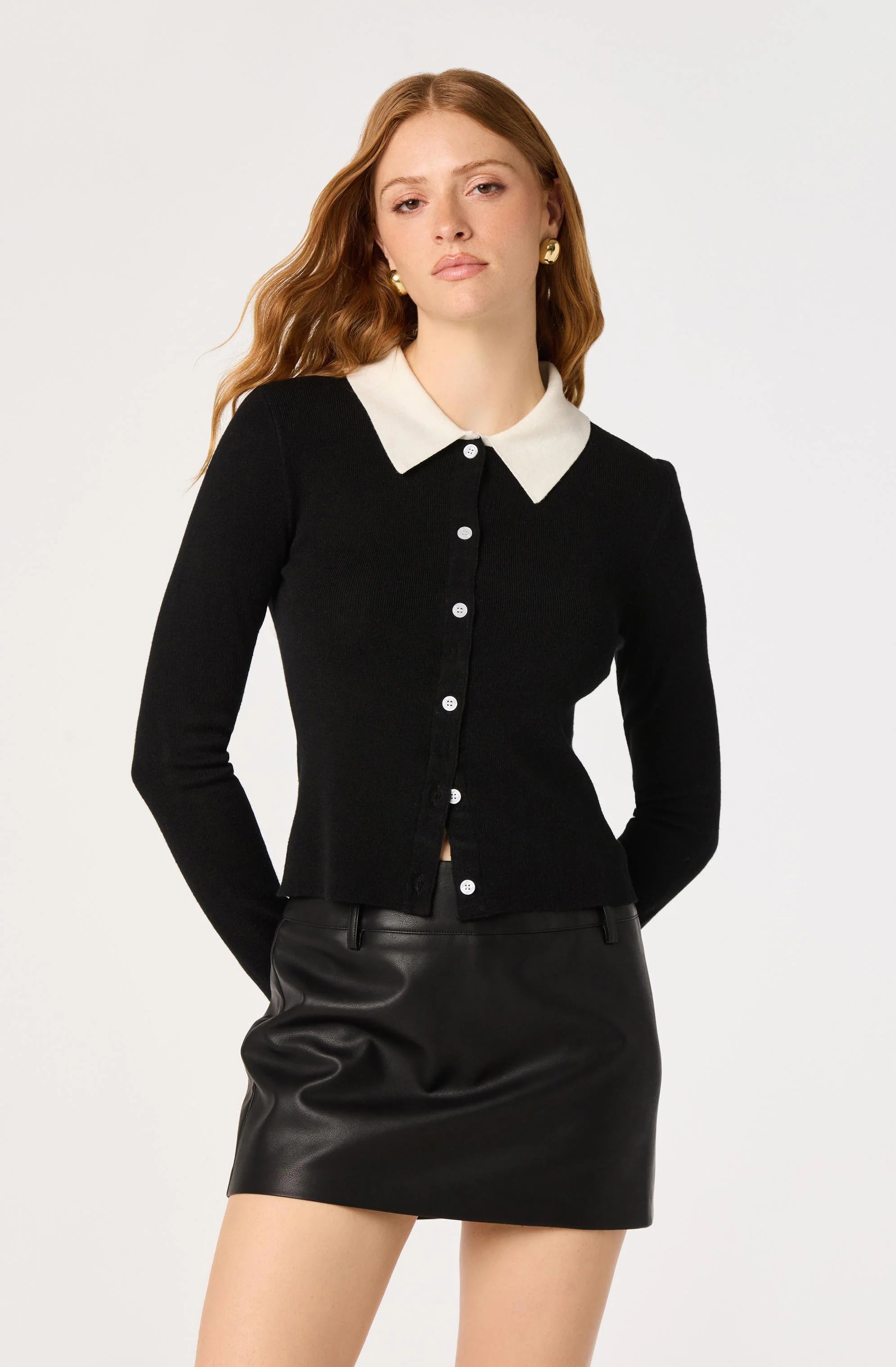 Tyra Contrast Collar Ribbed Cardigan in Black
