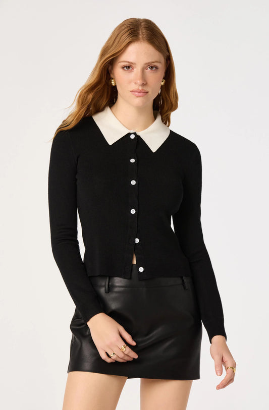 Tyra Contrast Collar Ribbed Cardigan in Black