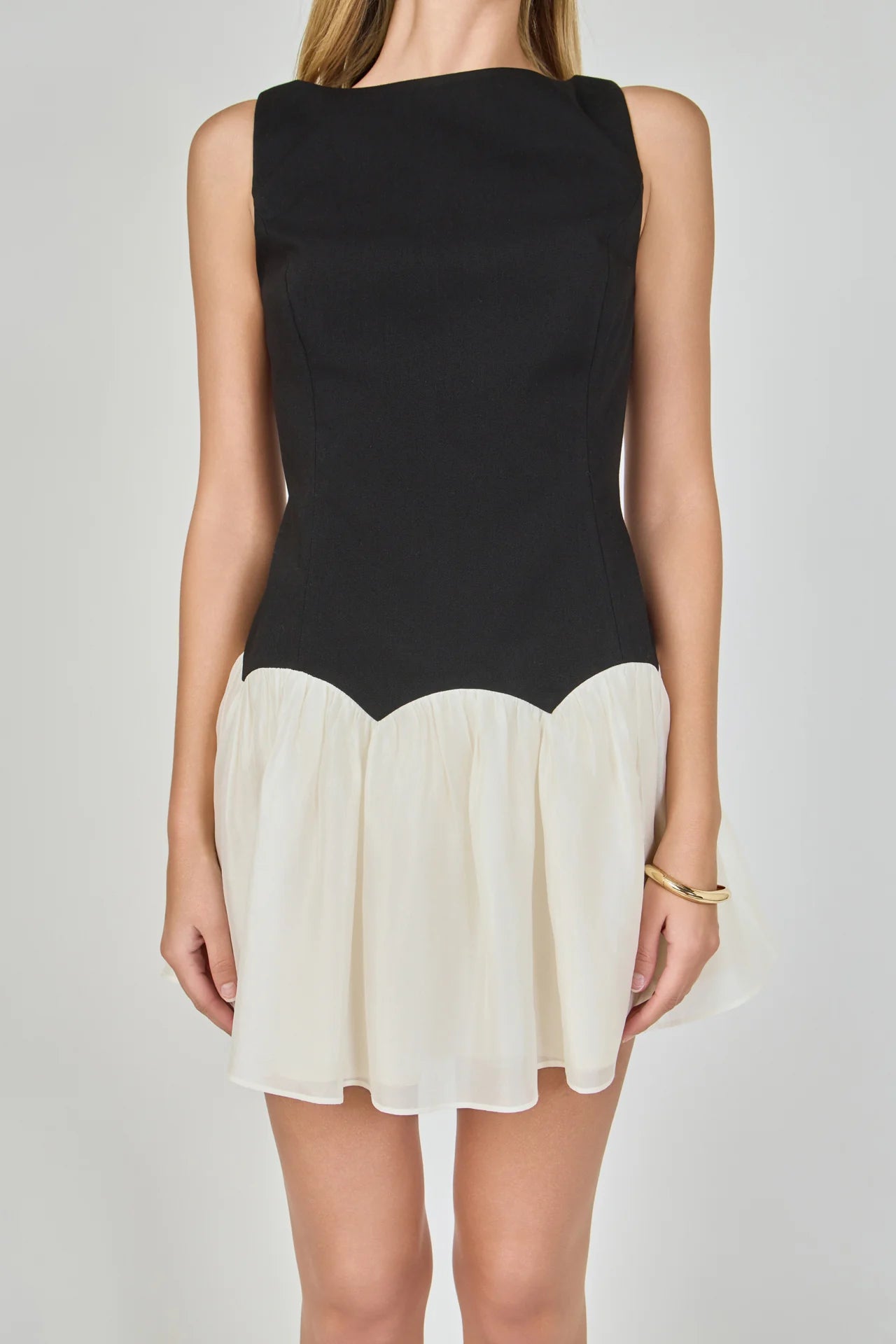 Combo Skirt Boat Neck Mini Dress - Black/Cream