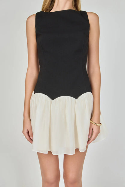Combo Skirt Boat Neck Mini Dress - Black/Cream