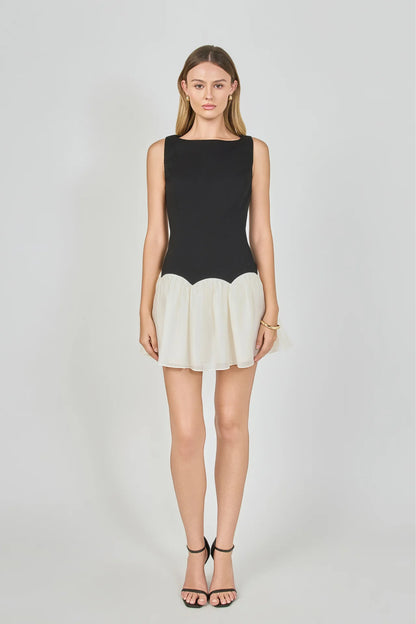 Combo Skirt Boat Neck Mini Dress - Black/Cream