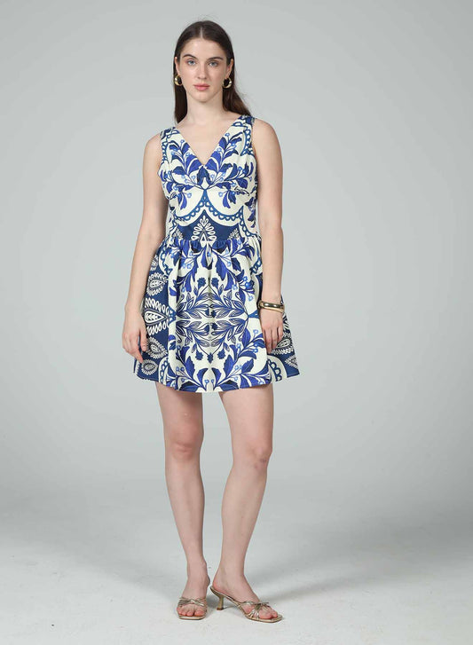 Eliana Keyhole & Tie Mini Dress - Wedgewood Paisley