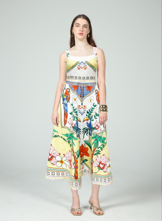 Mariah Tropical Print Embroidery Straps Midi Dress - Enchanted Tropics