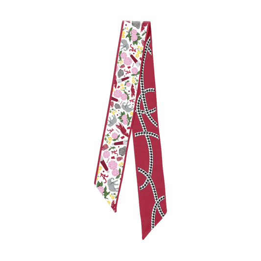 Alabama Crimson Tide Twilly Silk Scarf, featuring vibrant crimson and white colors with the signature 'A' logo, classic houndstooth pattern accents, and detailed Alabama-inspired motifs.