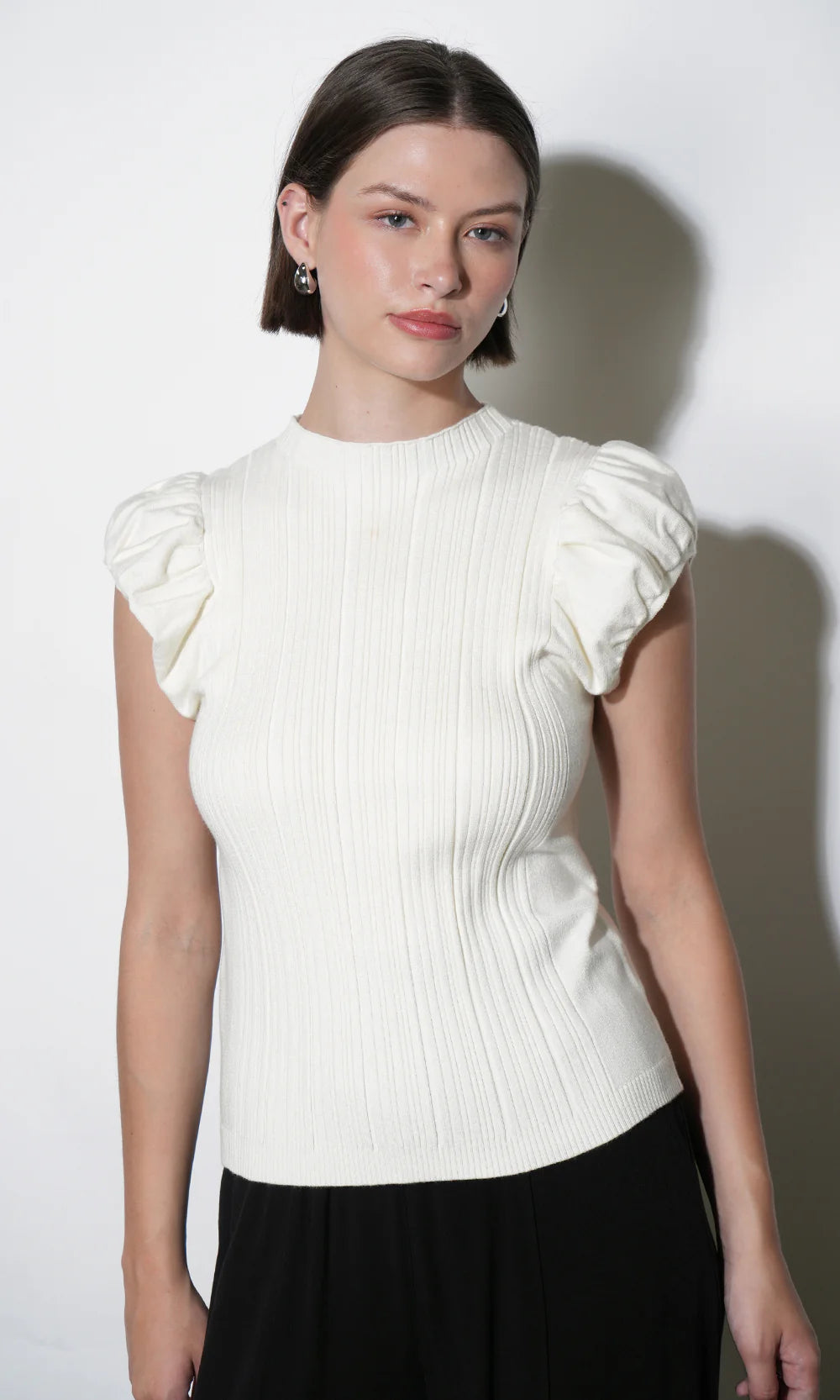 Austen Puff Cap Sleeve Rib Knit Top - Ivory