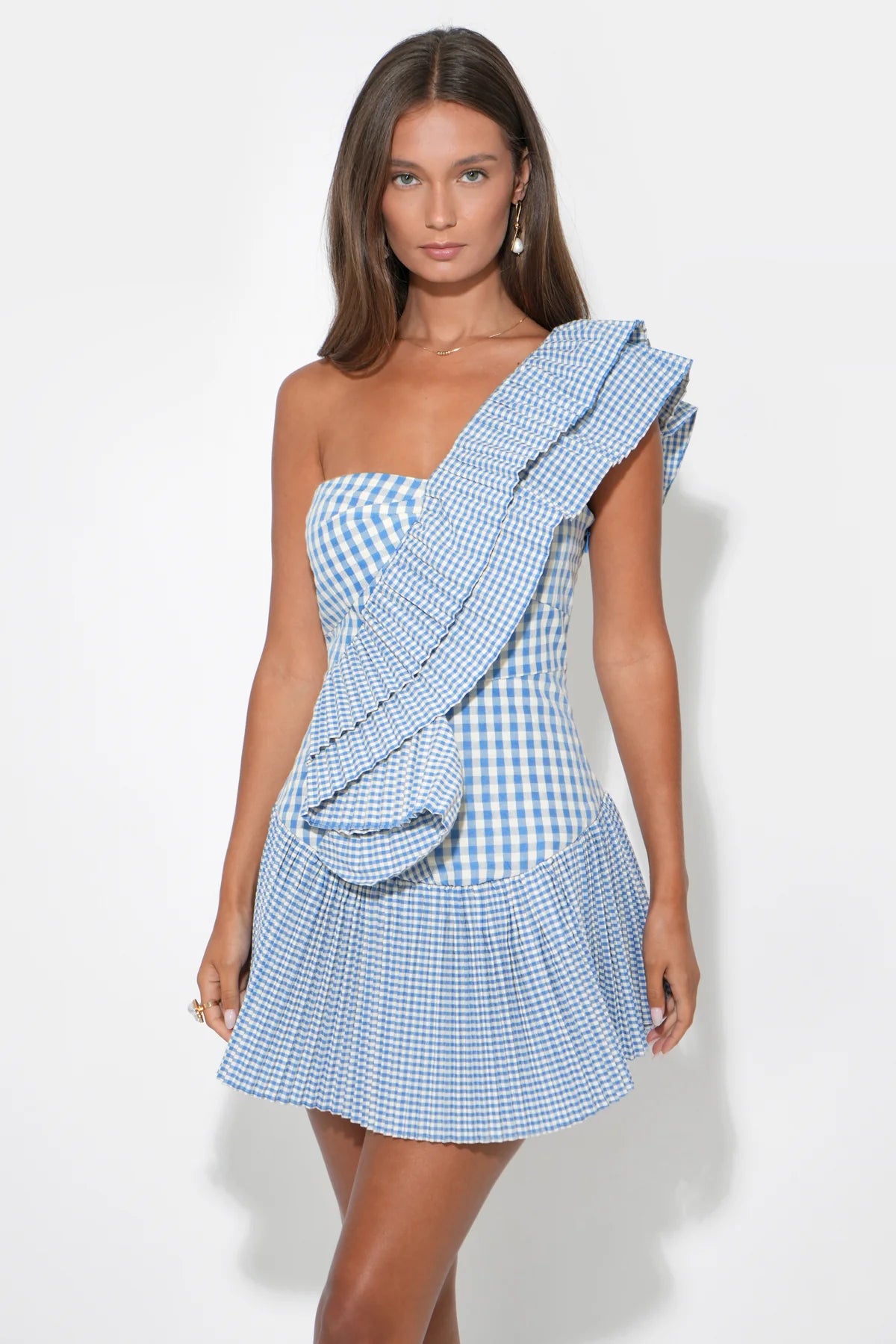 Ava One Shoulder Gingham Mini Dress - Powder Blue