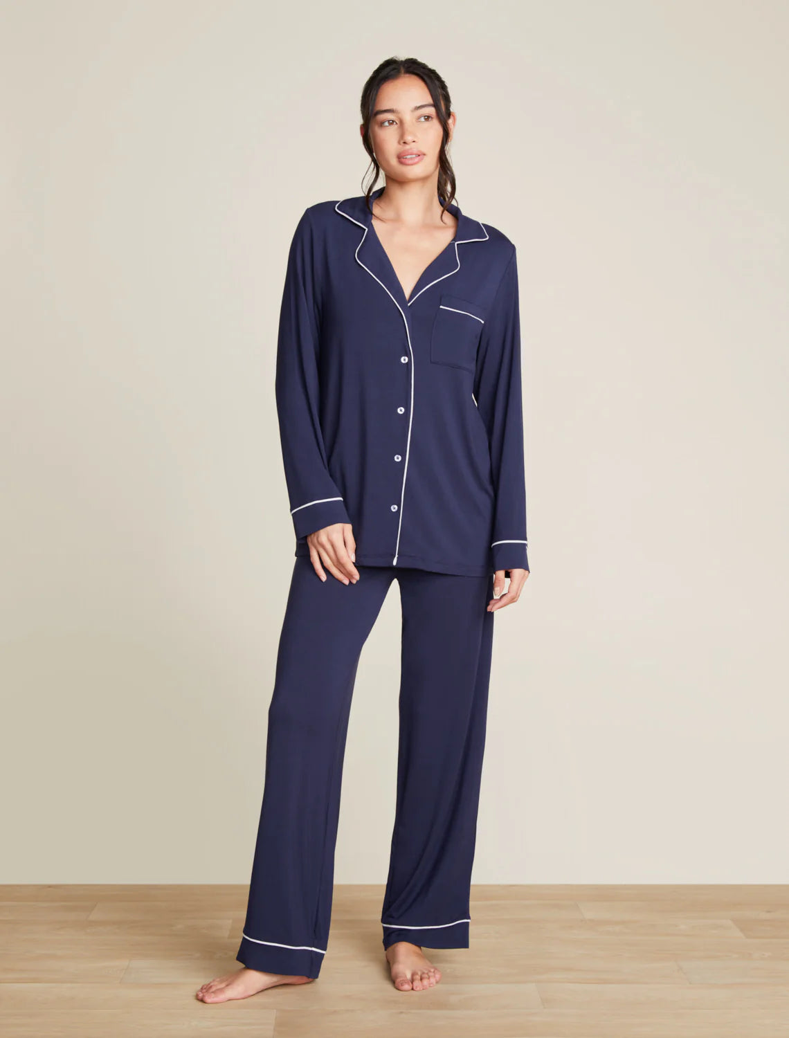 Barefoot Dreams - Luxe Milk Jersey® Piped Pajama Set - Indigo/Pearl