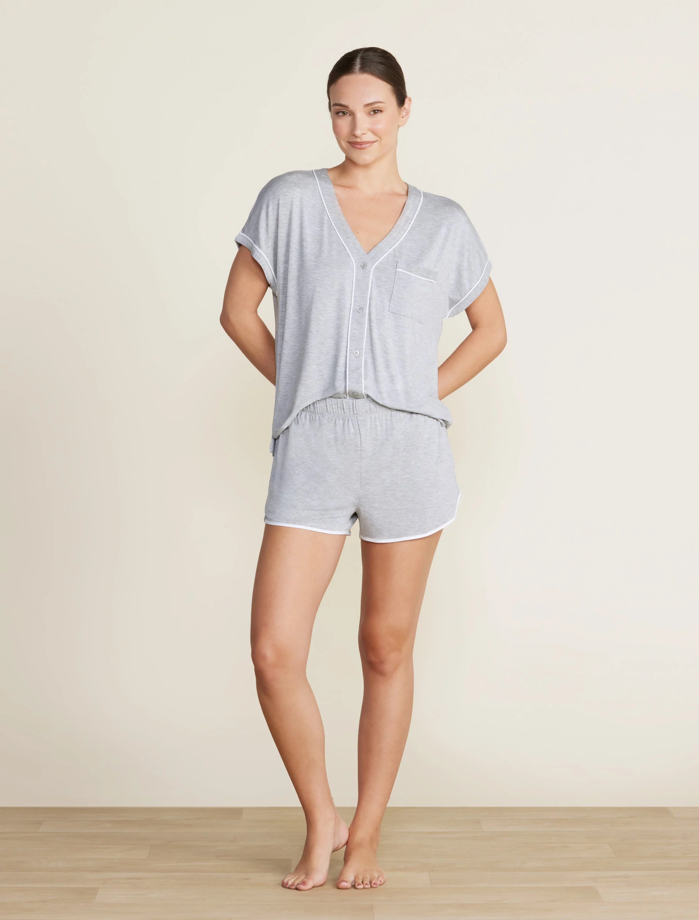Malibu Collection® Soft Jersey Piped Lounge Set - Heathered Gray/White
