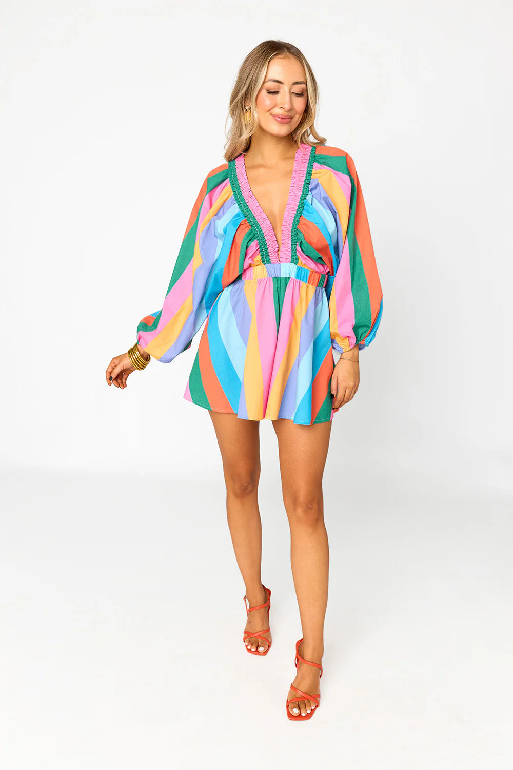 Buddy Love - Palm Beach Plunge Neck Romper - Jelly Beans