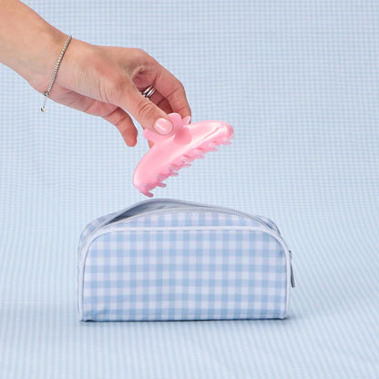 Small Patterned Toiletry Bag - Light Blue Gingham