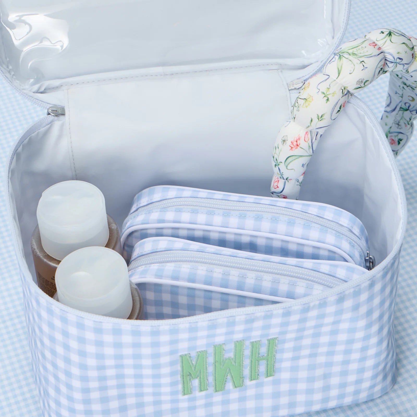 Small Patterned Toiletry Bag - Light Blue Gingham