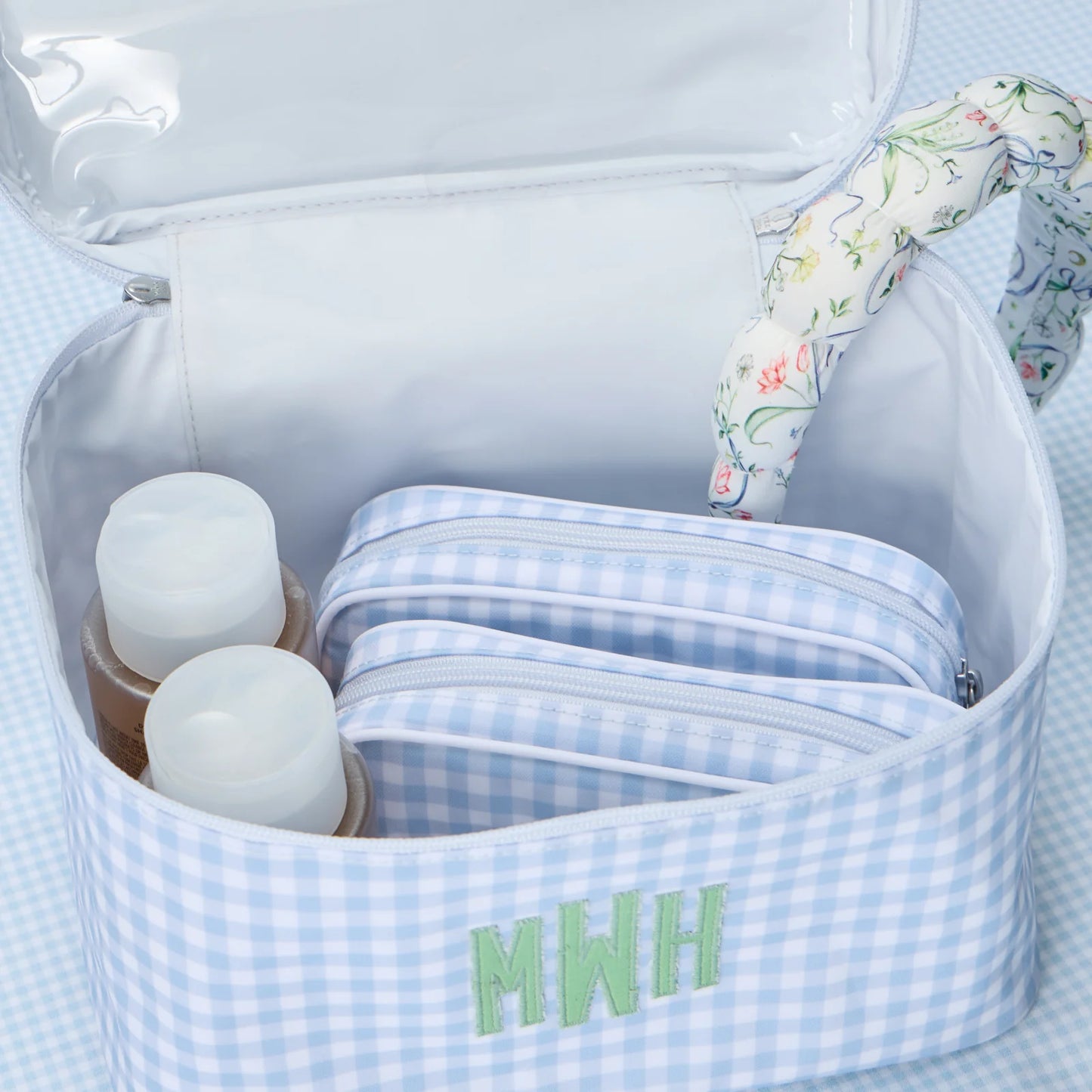 Small Patterned Toiletry Bag - Light Blue Gingham