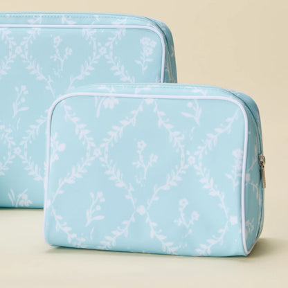 Medium Patterned Toiletry Bag - Blue Trellis