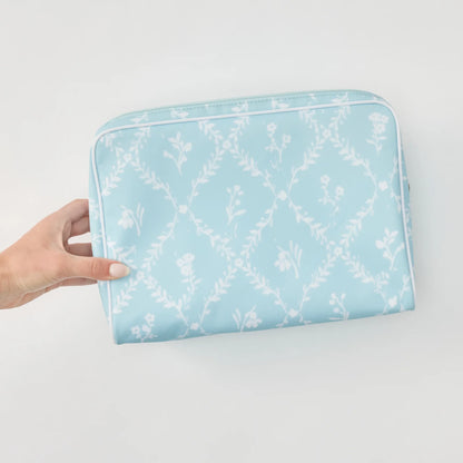 Large Patterned Toiletry Bag - Blue Trellis