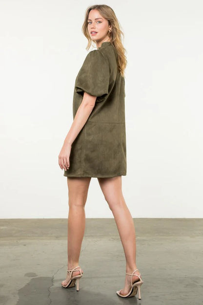 THML - Puff Sleeve Midi Suede Dress - Olive