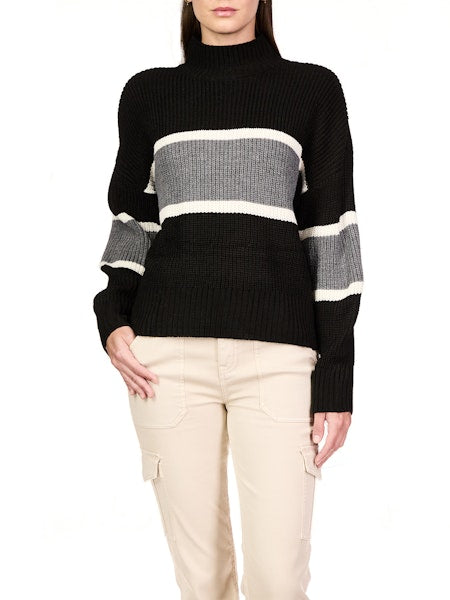 Sanctuary - Mock Neck Stripe Sweater - Charcoal Stripe