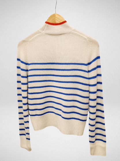 THML - Mock Neck Striped Cashmere Sweater - Blue & White