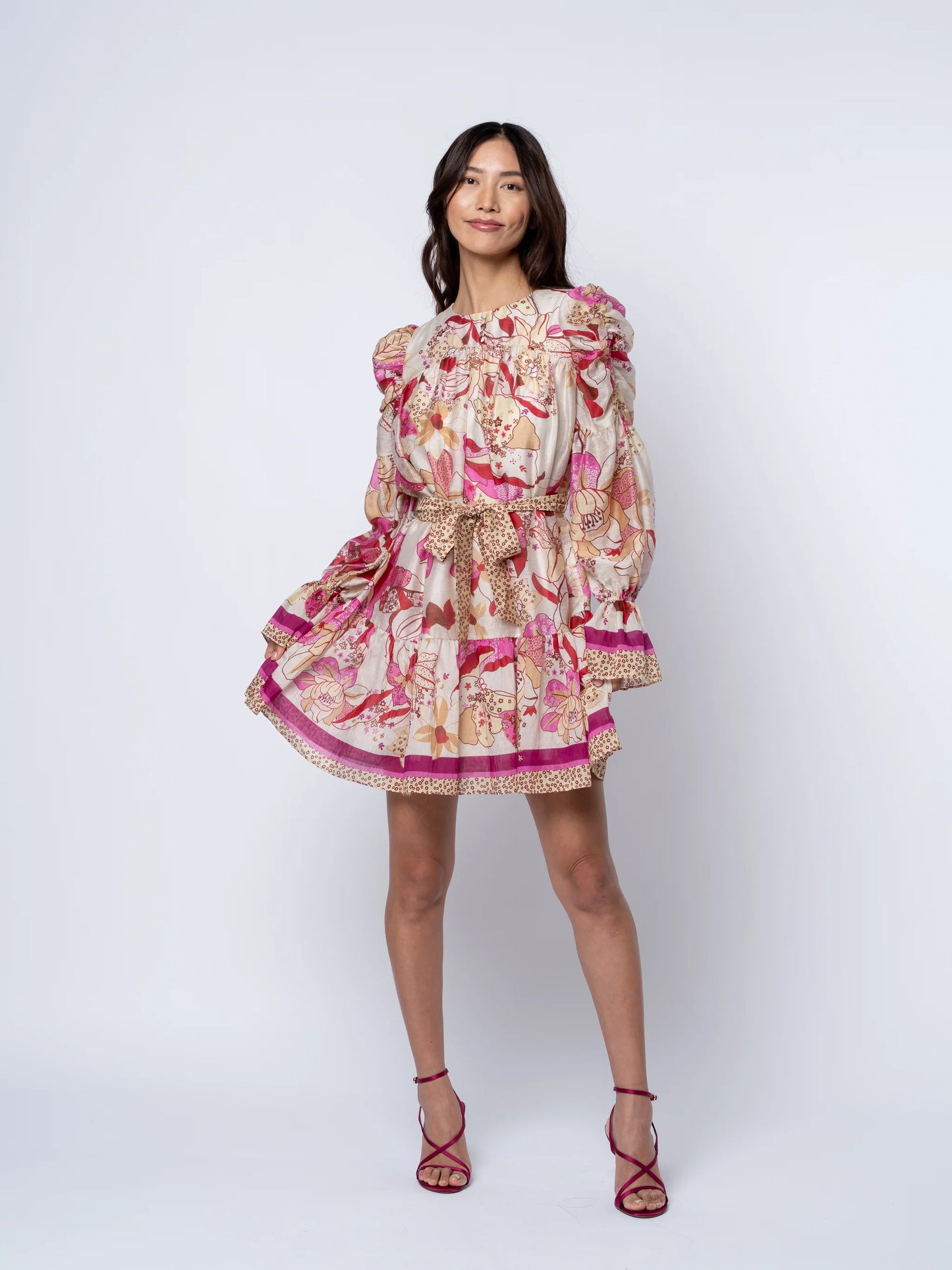 Adele Floral Ruched Sleeve Mini Dress - Pink Multi