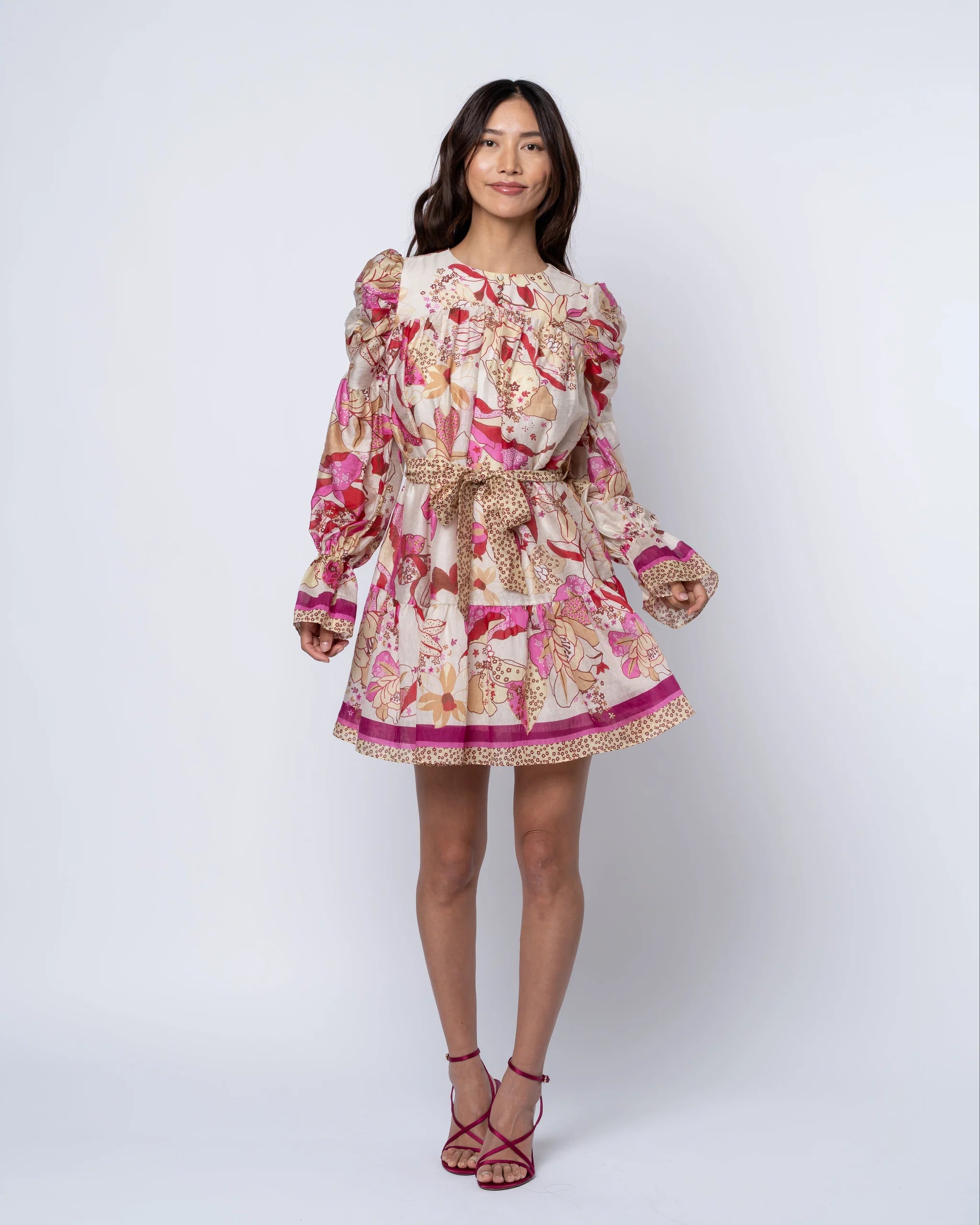 Adele Floral Ruched Sleeve Mini Dress - Pink Multi