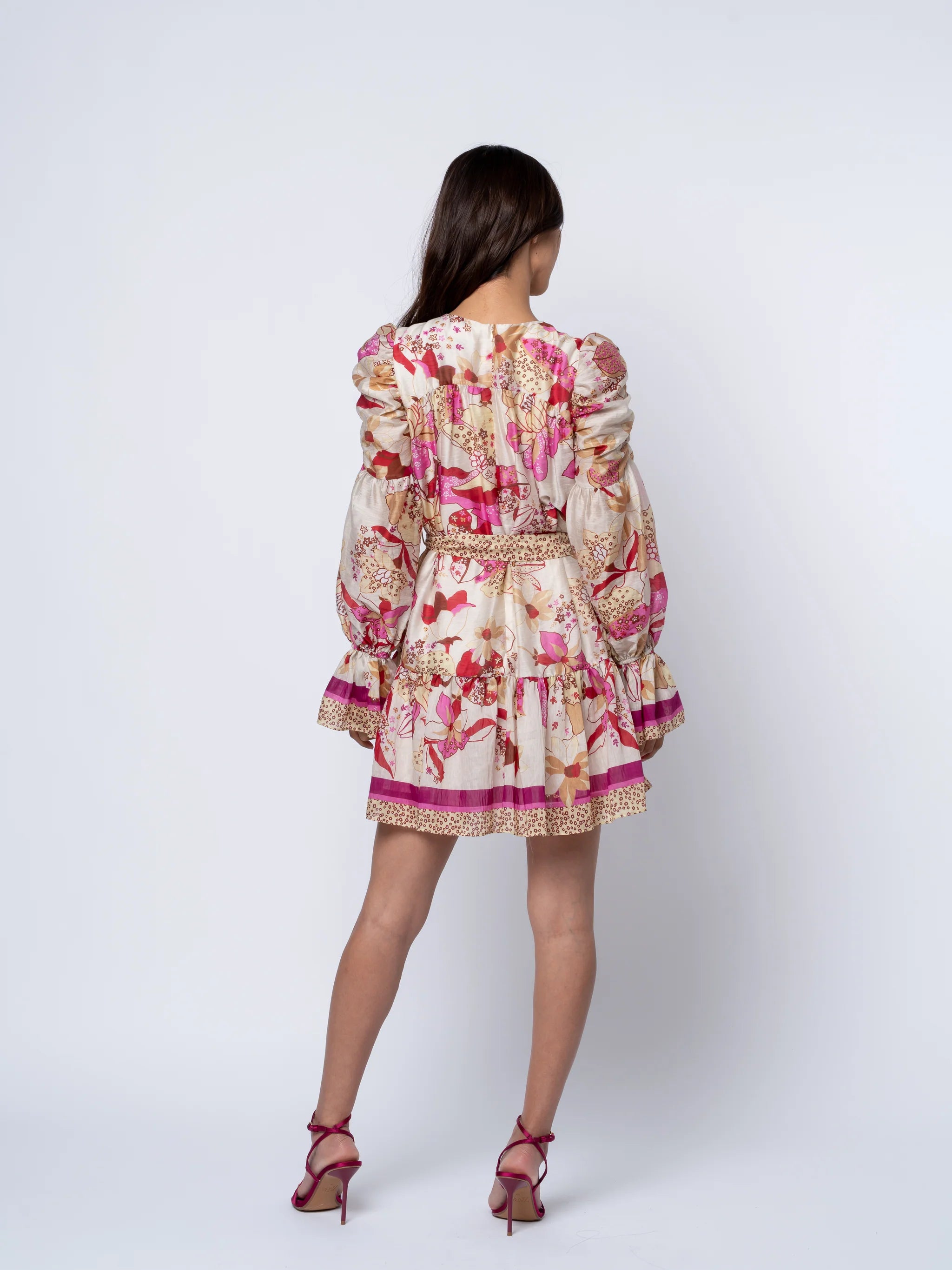 Adele Floral Ruched Sleeve Mini Dress - Pink Multi
