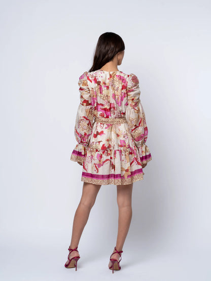 Adele Floral Ruched Sleeve Mini Dress - Pink Multi
