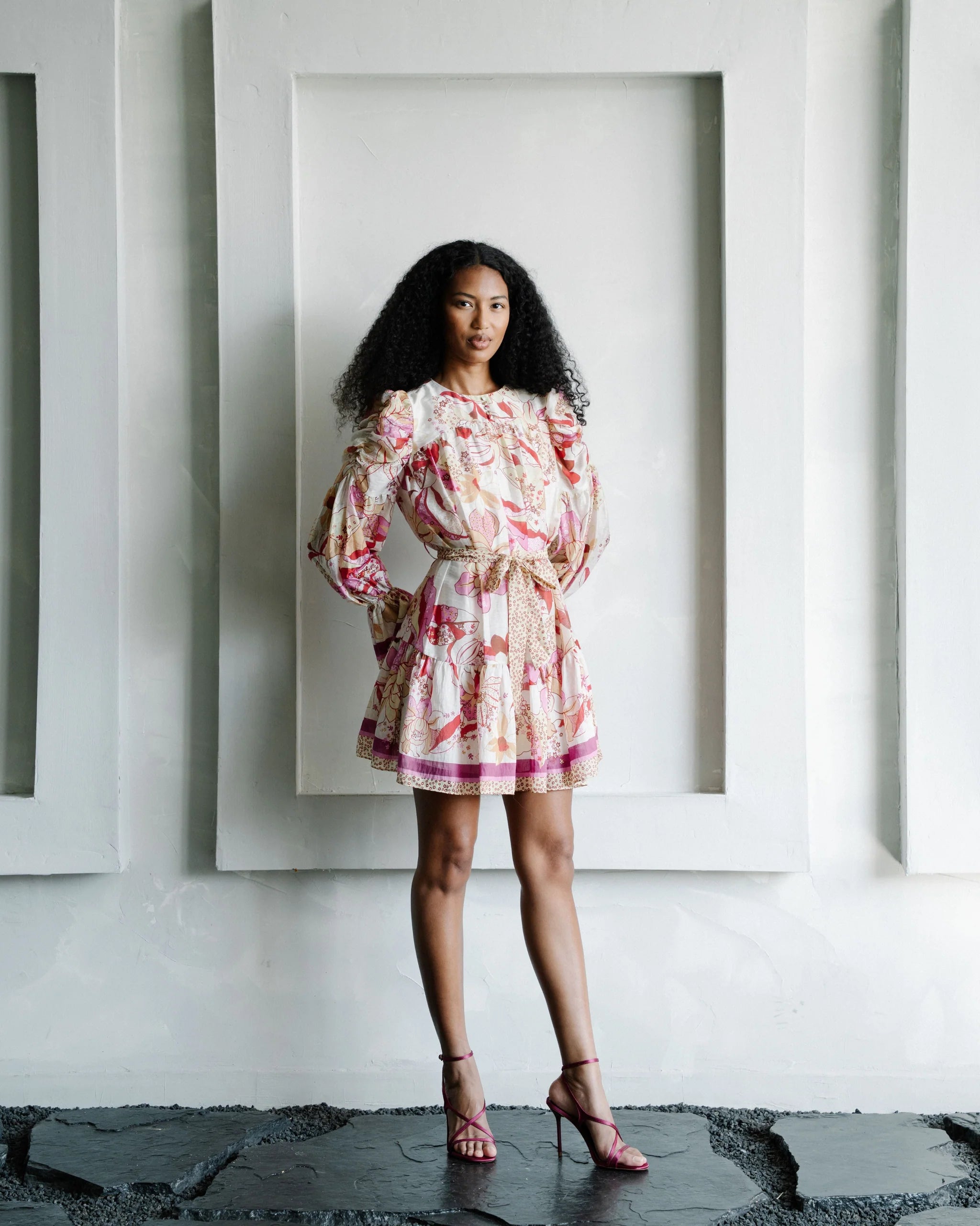 Adele Floral Ruched Sleeve Mini Dress - Pink Multi