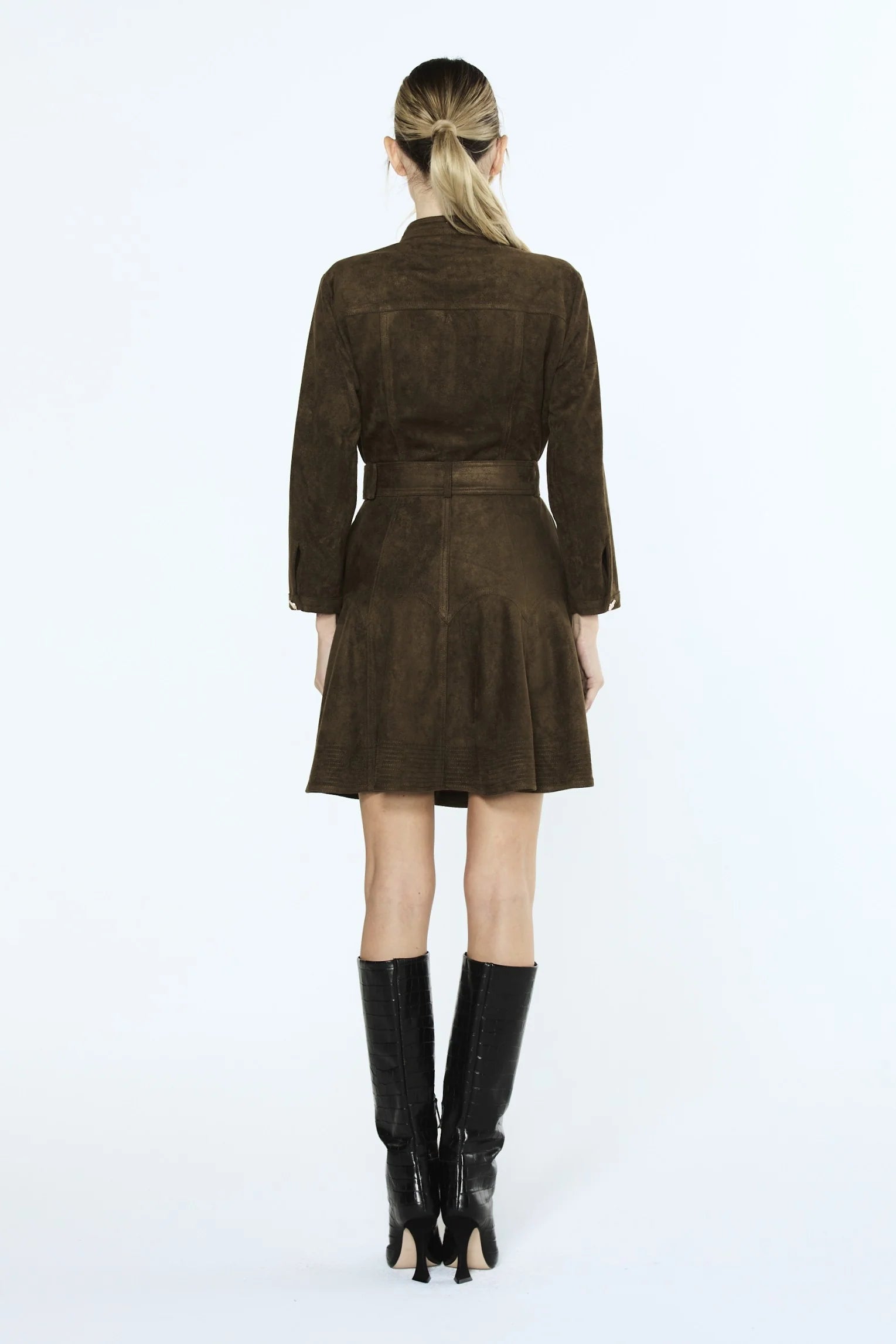Karrie Belted Long Sleeve Faux Suede Shirt Dress - Olive