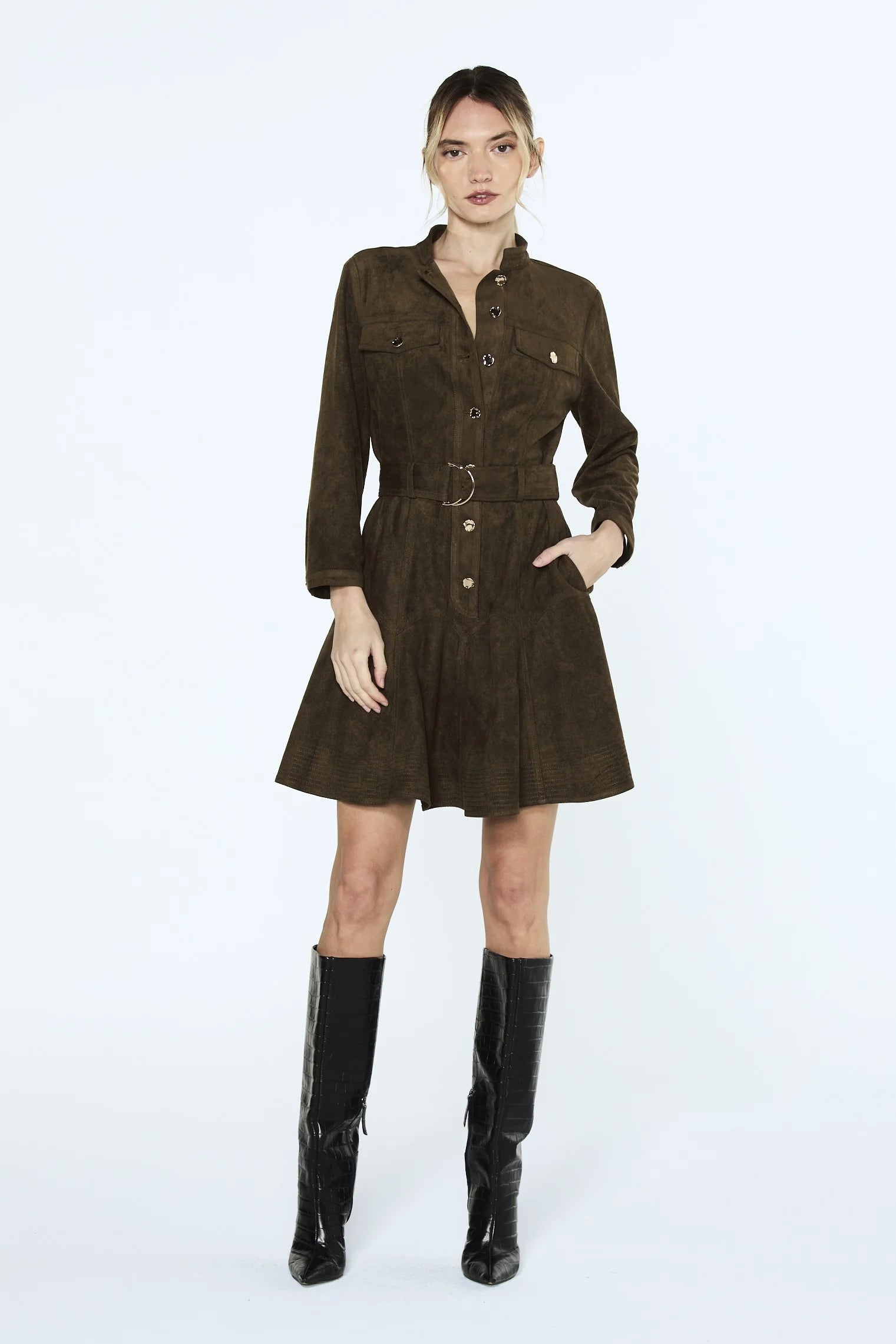 Karrie Belted Long Sleeve Faux Suede Shirt Dress - Olive