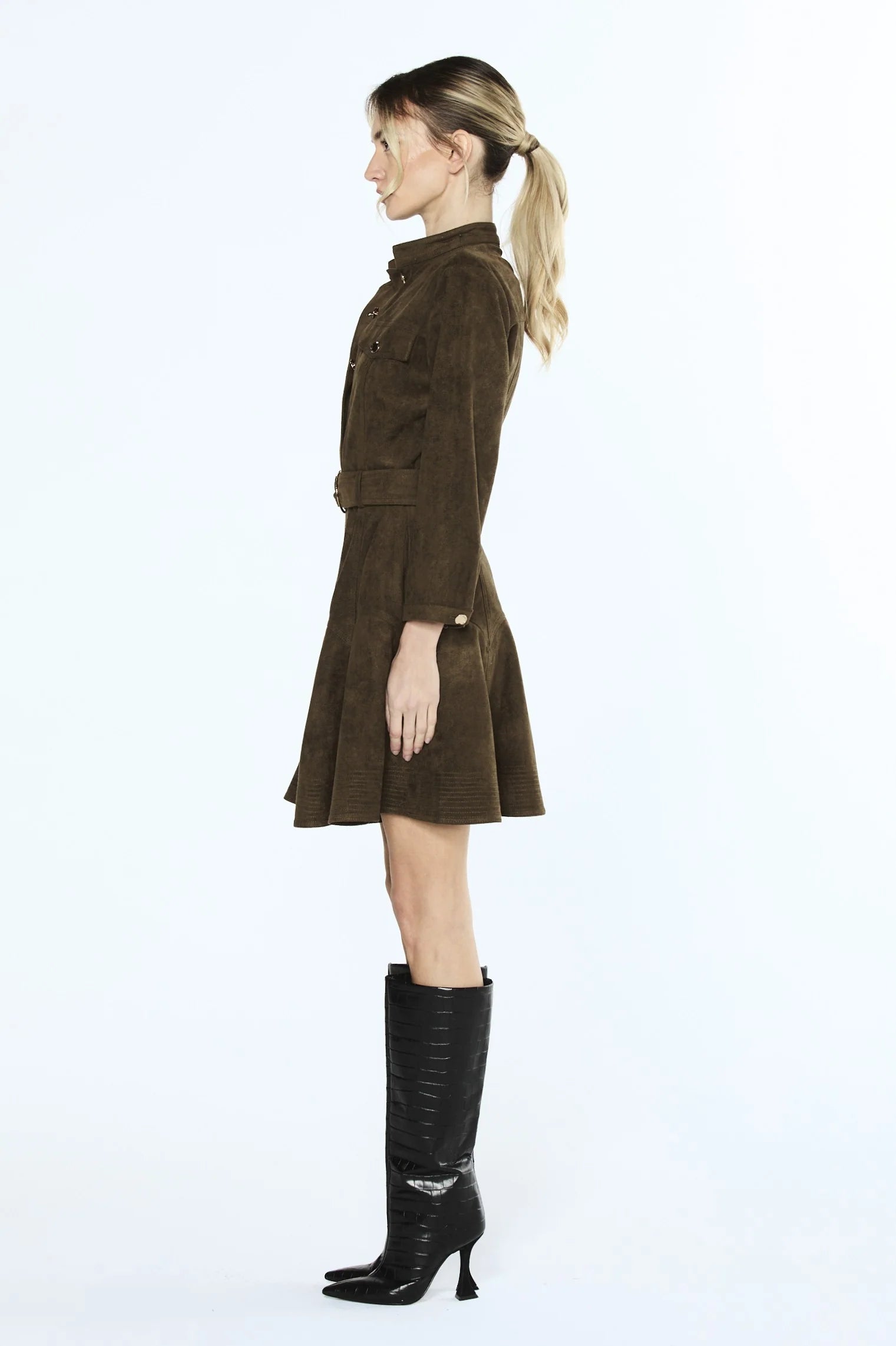 Karrie Belted Long Sleeve Faux Suede Shirt Dress - Olive