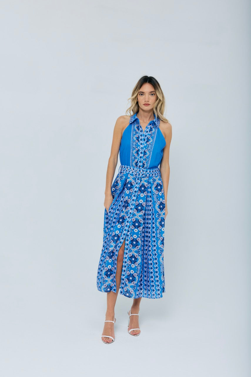 Leena Printed Halter Maxi Dress - Blue Multi