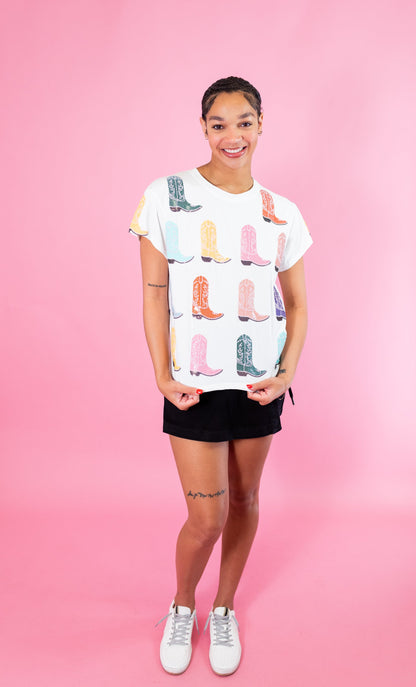 Queen of Sparkles - White Multi Cowboy Boot Tee