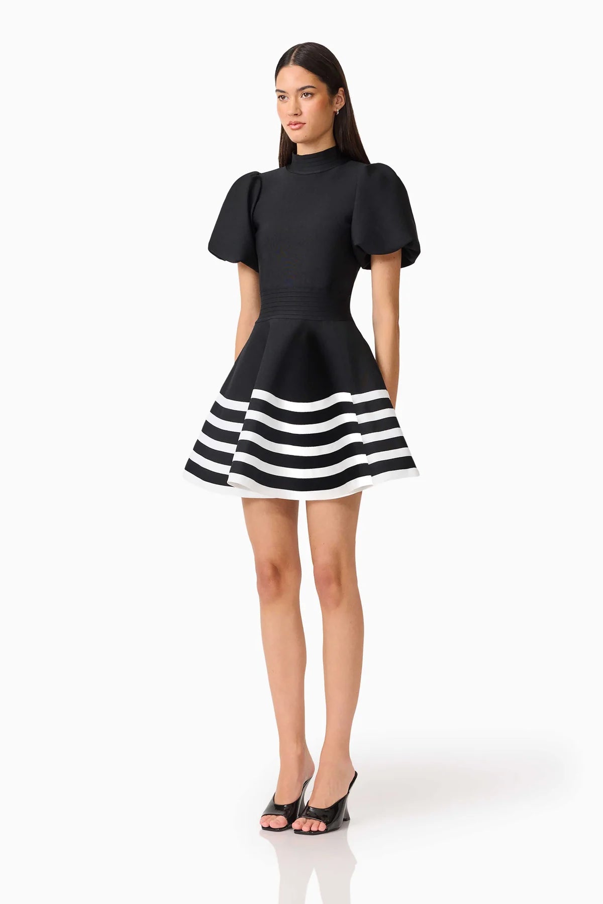 Ninette Puff Sleeve Mini Dress in Black & White
